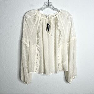 Express Top Women Small Blouse Shirt White Sheer Textured Ruffled Dot B16